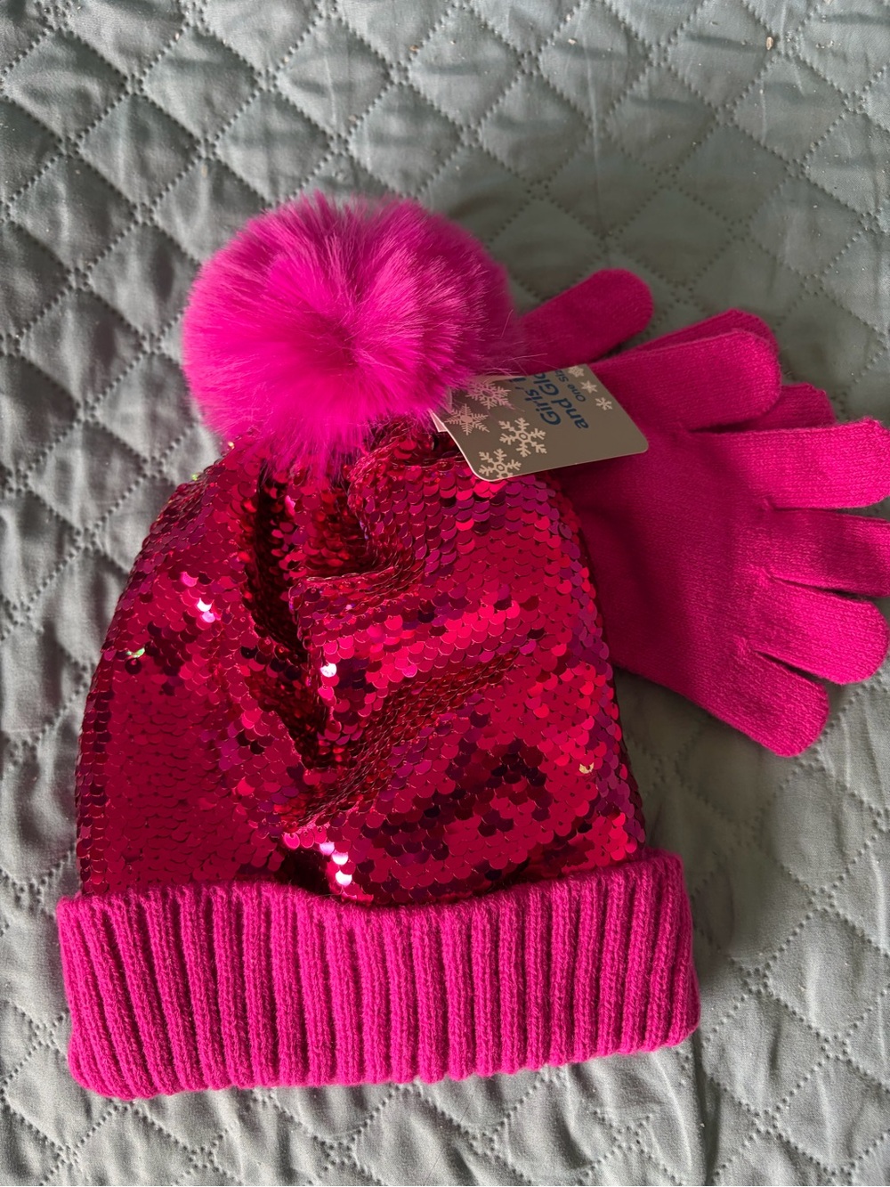 NWT Kids Pink Sequin Pom Pom Beanie and Gloves Set